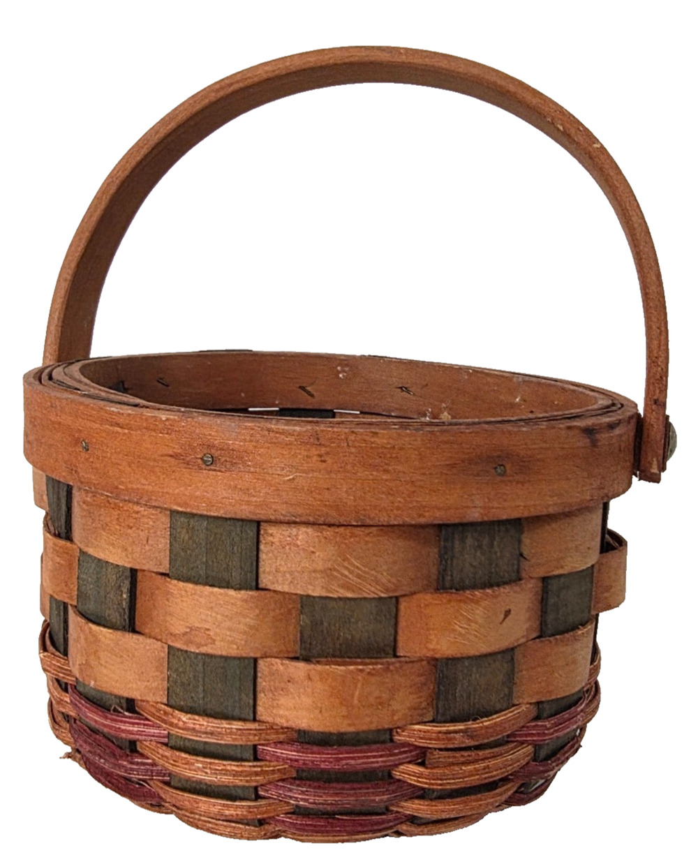 Round Woven Wood Splint Basket Swing Handle Burgundy Primitive Farmhouse 6"